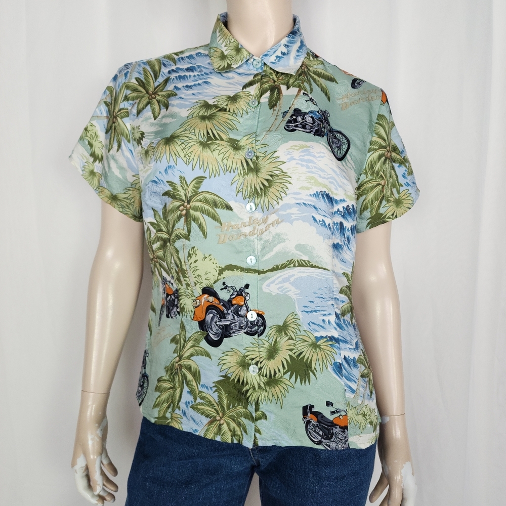 Harley Davidson Hawaiian Shirt Tori Richards Women L 100% Silk